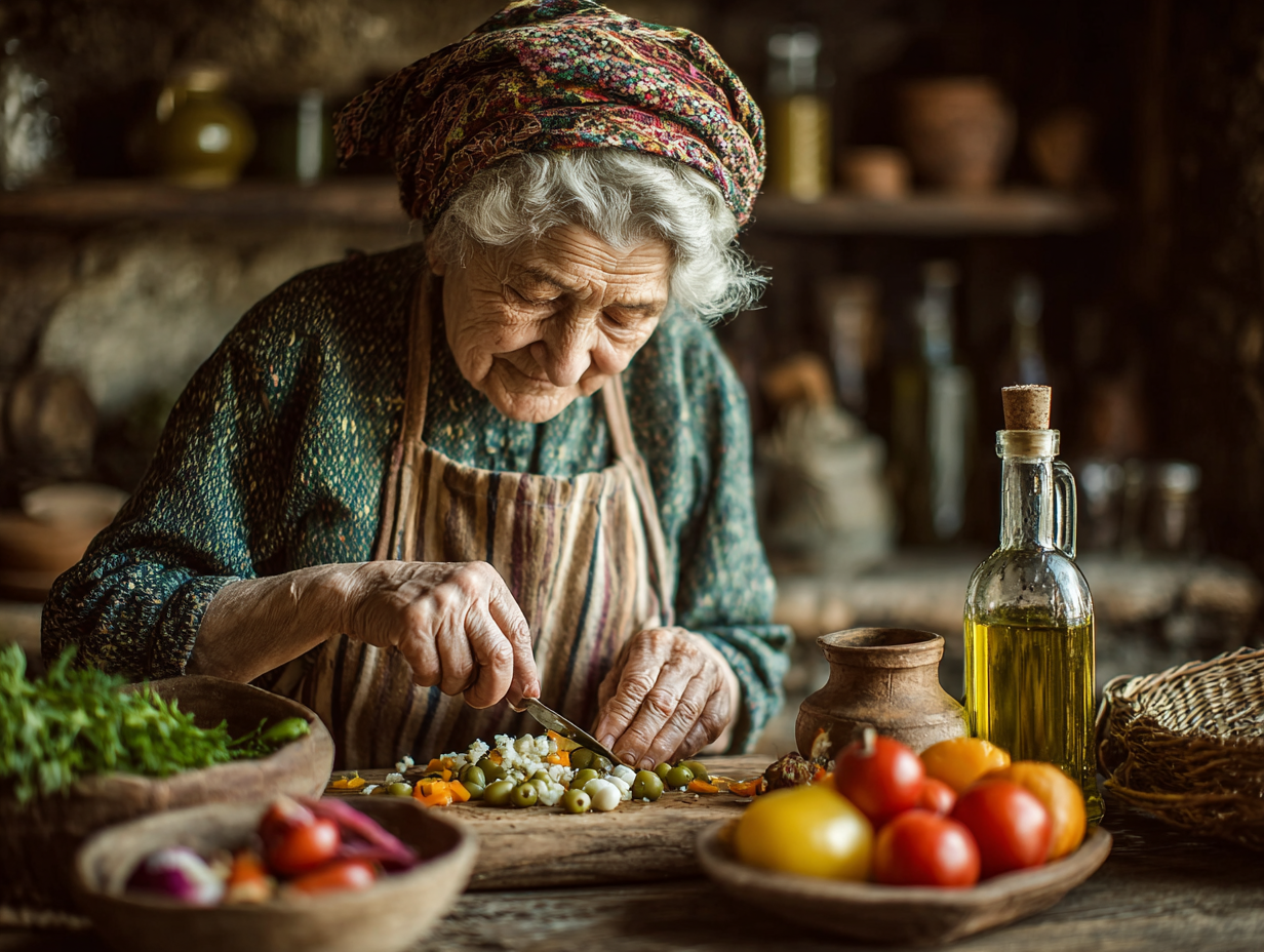 Щаслива літня пара готує здорову їжу на кухні